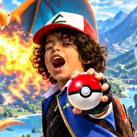 Ethan as a Pokémon Trainer in a red cap, throwing a Poké Ball with Charizard behind him