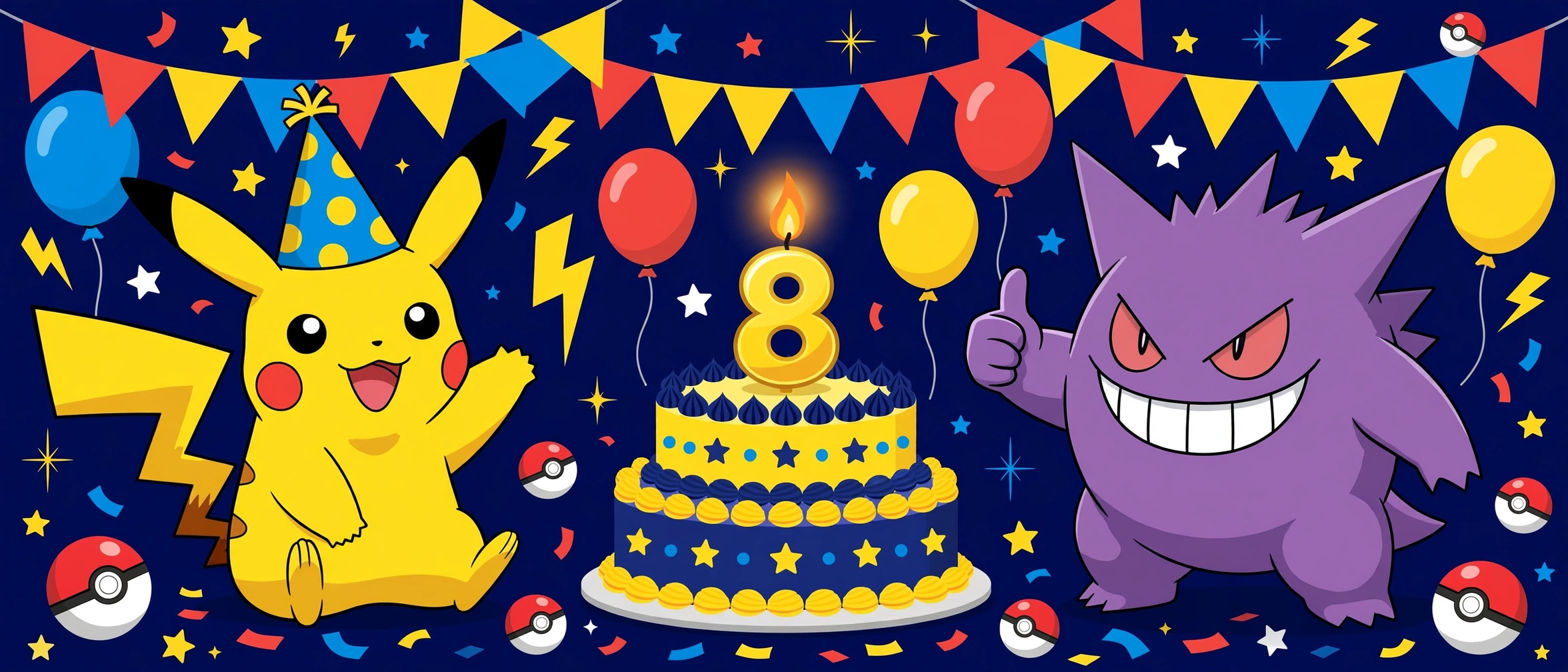 Pikachu in a party hat and Gengar giving a thumbs up, celebrating around a birthday cake with a number 8 candle, surrounded by balloons and Poké Balls